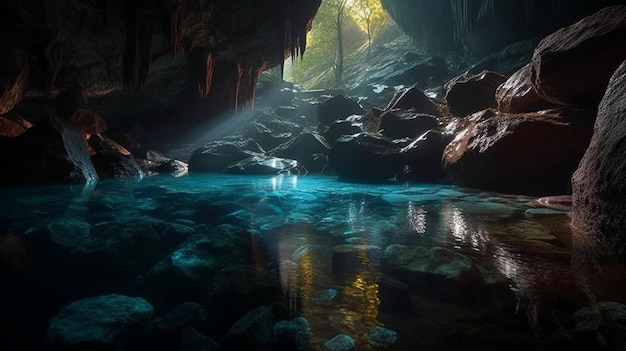 A cave with a light shining on the water