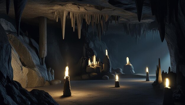 Photo a cave with lights inside and a light inside