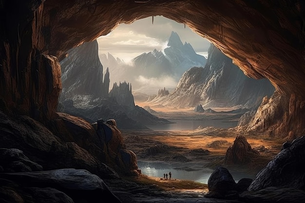 A cave with mountains in the background