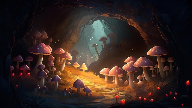 A cave with mushrooms and a glowing light