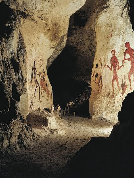 Photo a cave with people painted on the side of it