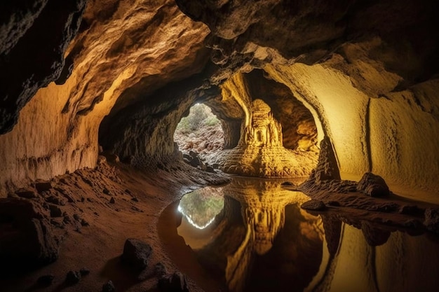 A cave with a pool of water in it