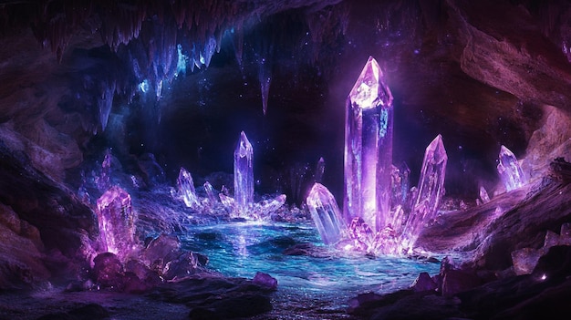 a cave with a purple and blue light inside of it