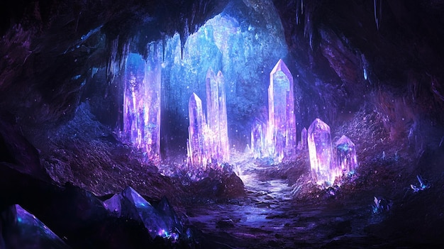 a cave with a purple cave and a purple cave with icebergs in the background