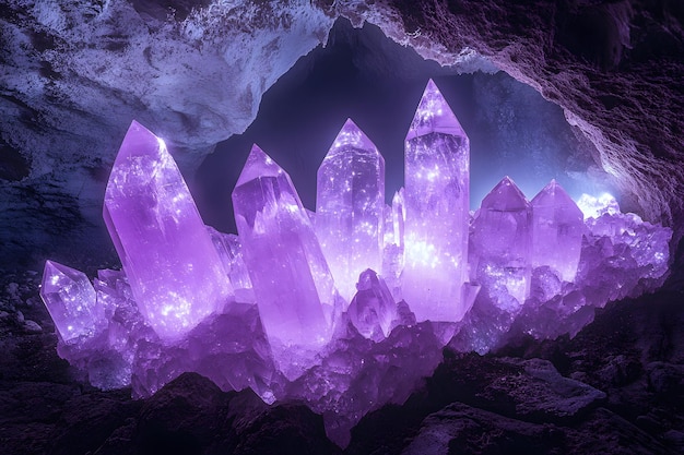 a cave with purple crystals inside and a purple background