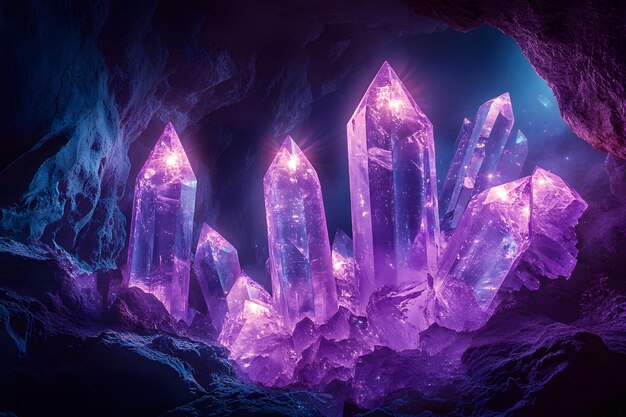 a cave with a pyramid of crystals and a purple background