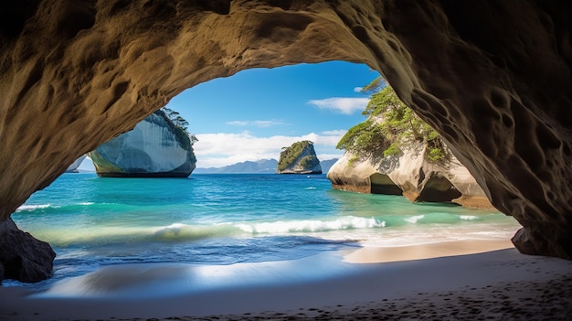 A cave with a view of the ocean and the beach