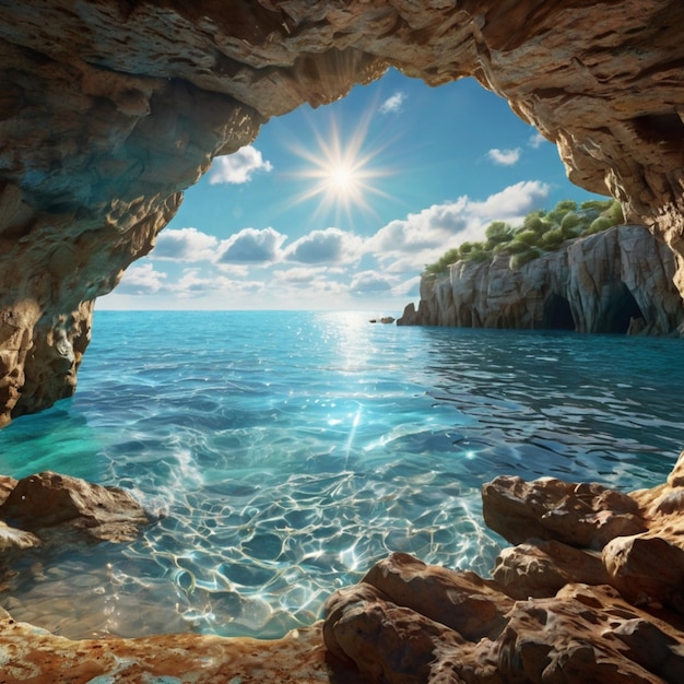 A cave with a view of the ocean and the sun shining through the rocks