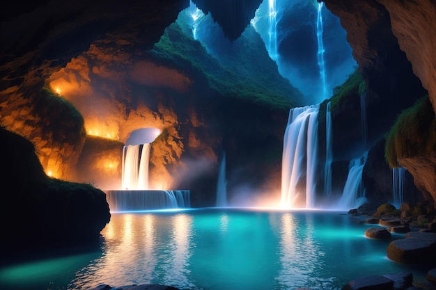 A cave with a waterfall in the background