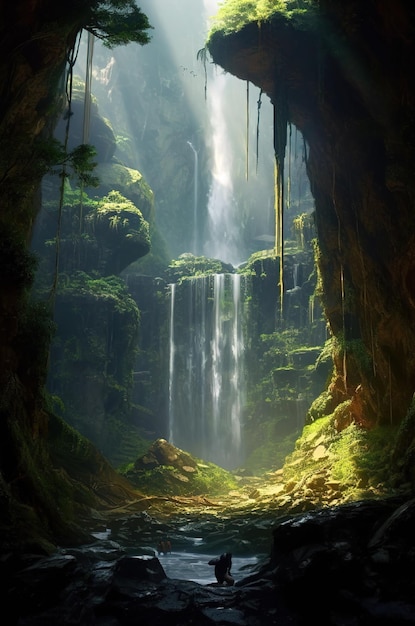 A cave with a waterfall in the background