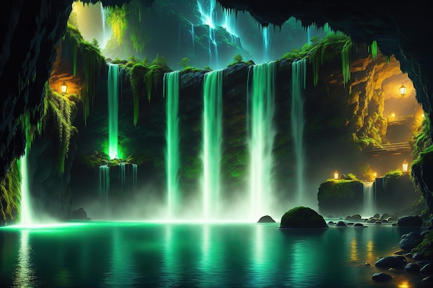 A cave with a waterfall and a green light