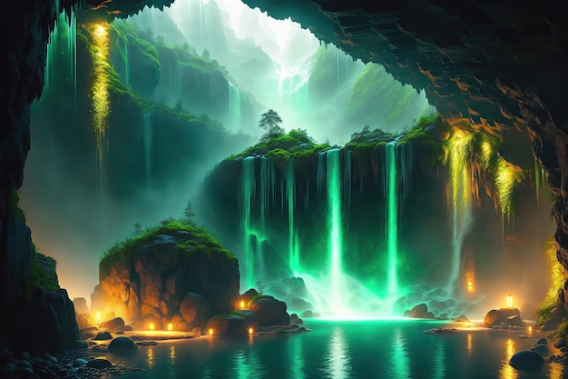 A cave with a waterfall and a green light