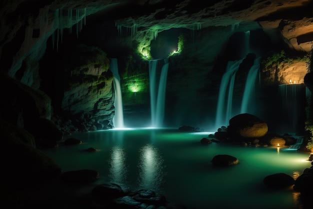 A cave with a waterfall and a green light