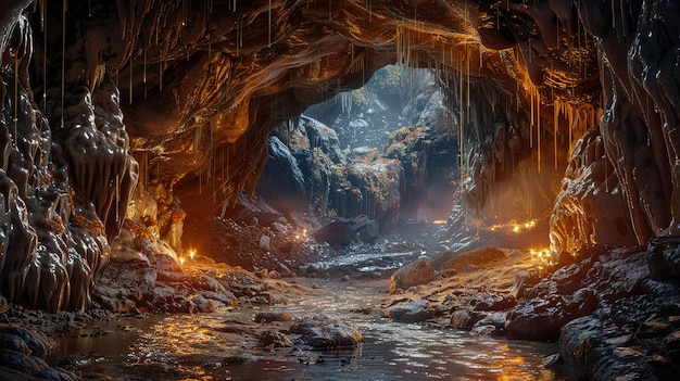 Photo a cave with a waterfall and a waterfall