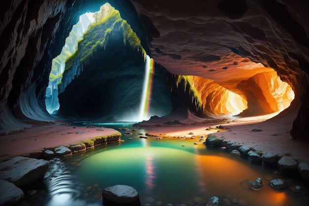 A cave with a waterfall and a waterfall