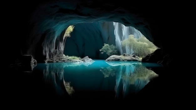 A cave with a waterfall and a waterfall