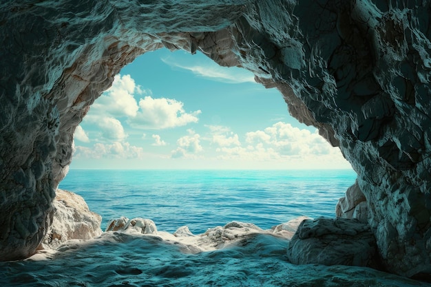 a cave with a window that says the ocean