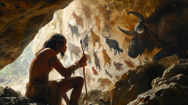 caveman painting animals in a cave cave painting