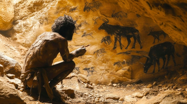 Photo caveman painting inside a cave