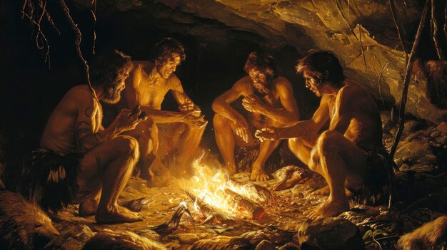 Photo cavemen eating by the fire