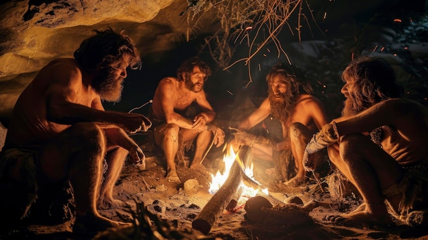 Photo cavemen resting next to a bonfire inside a cave in high definition