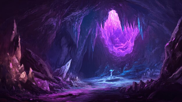 A cavern lit by a glowing purple rock formation