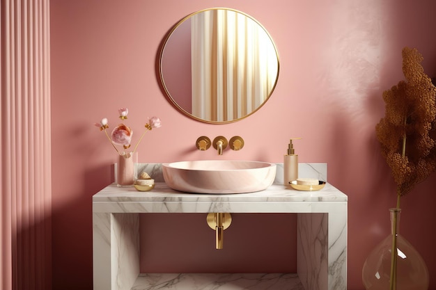 Cavern pink vanity counter with marble top ceramic wash AI generated