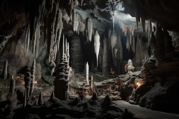 Cavern with intricate stalactite and stalagmite formations created with generative ai