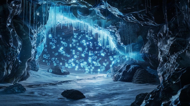 A cavernous ice formation its walls adorned with an intricate network of digital currency symbols