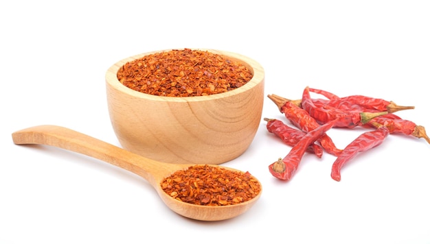 Cayenne pepper Ground chili and dried chili on white background