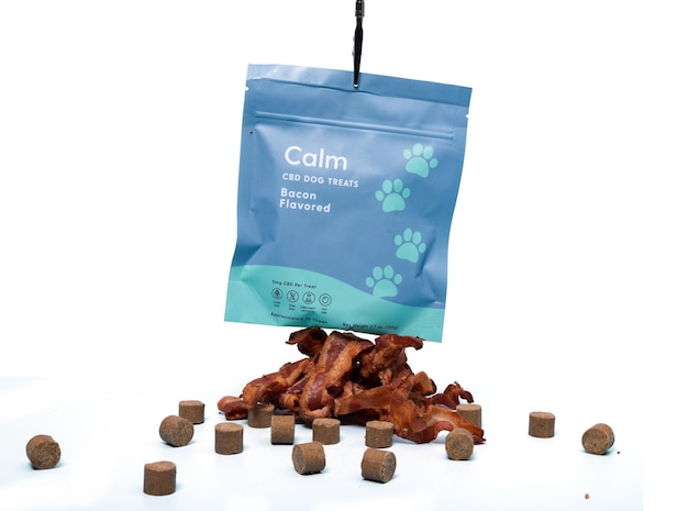 Photo cbd capsules petcalm dog treats gummies packscream sleepi relief on isolated white background