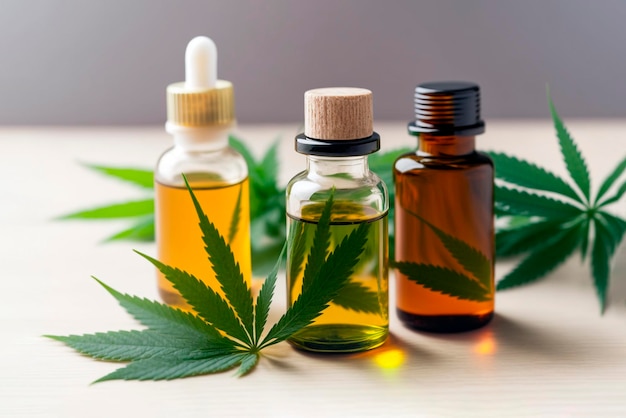 CBD oil in glass bottles and cannabis leaves generative ai