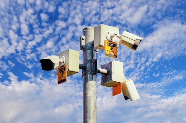 CCTV camera on bright blue sky background Concept 24 hour day and night security