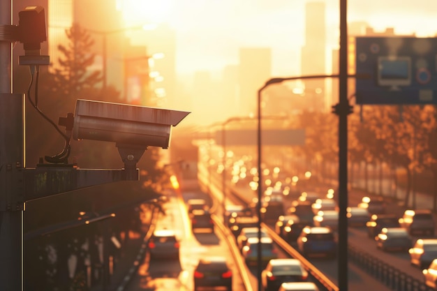 A CCTV camera observes a bustling city street at sunset capturing the vibrant traffic bathed in amber light