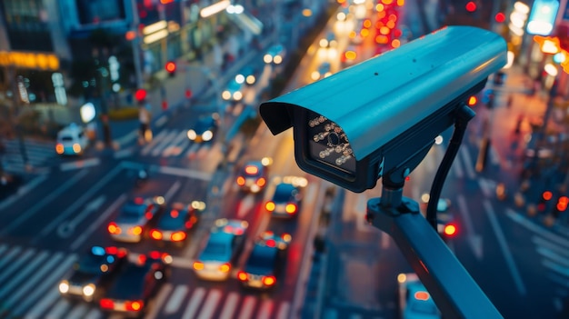 A CCTV camera overlooking a busy intersection aiding in traffic monitoring and law enforcementquot