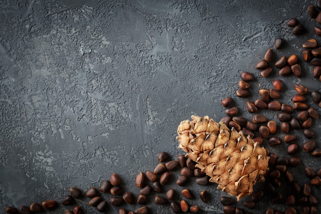 Cedar cones with nuts on stone table