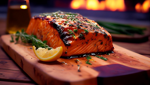 Cedar plank grilled or roasted salmon with herbs garlic and spices Generative AI