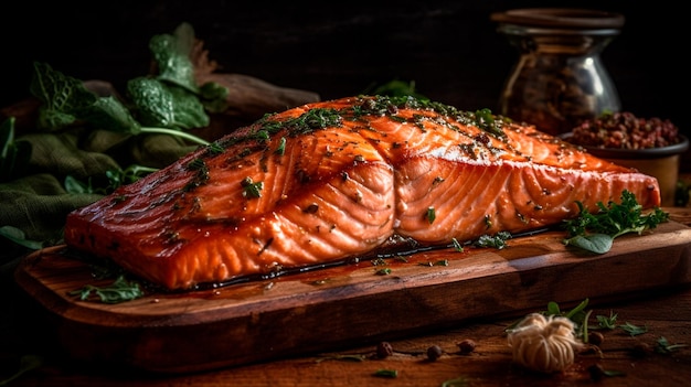 Cedar plank grilled or roasted salmon with herbs garlic and spices Generative AI