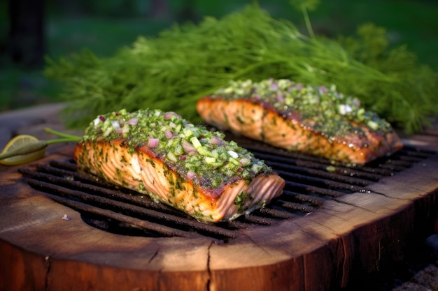 Cedar plank mahi mahi with fresh herbs on grill created with generative ai