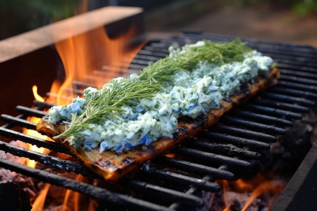 Cedar plank with blue cheese on hot grill