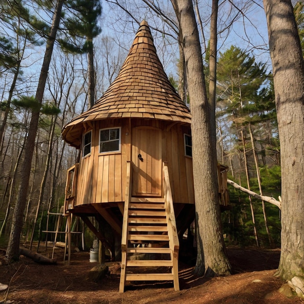 a cedar shingles covered treehouse in the woods in new england that has a conical roof