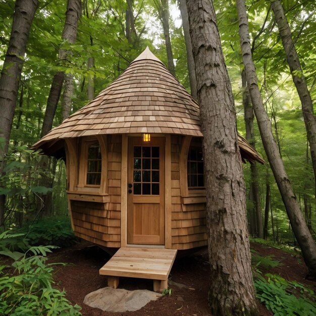 a cedar shingles covered treehouse in the woods in new england that has a conical roof