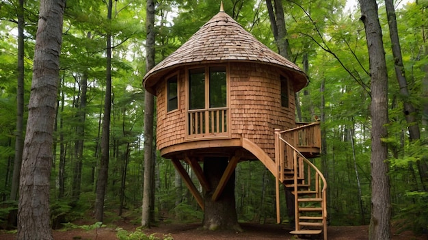 a cedar shingles covered treehouse in the woods in new england that has a conical roof