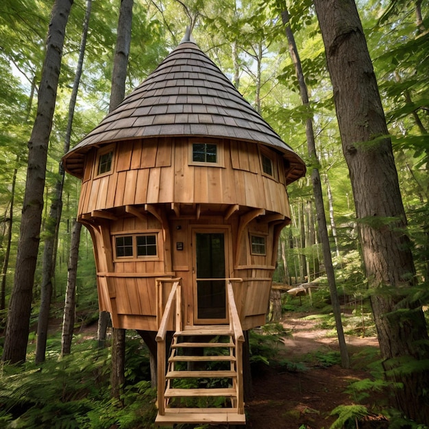 Photo a cedar shingles covered treehouse in the woods in new england that has a conical roof