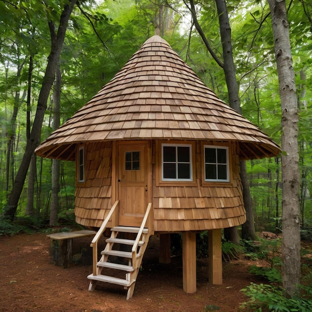 a cedar shingles covered treehouse in the woods in new england that has a conical roof