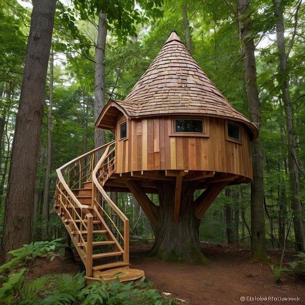 a cedar shingles covered treehouse in the woods in new england that has a conical roof