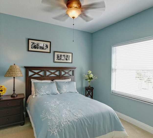 Ceiling fan over bed in bedroom