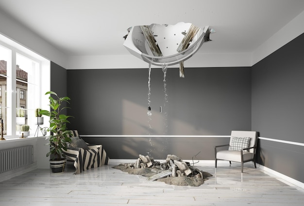 The ceiling is destroyed and broken by the bathroom Repair and insurance theme 3d rendering concept idea