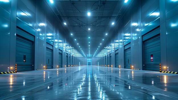 Under the ceiling of a modern warehouse shopping center building office or other commercial property there are bright LED lights that point in various directions