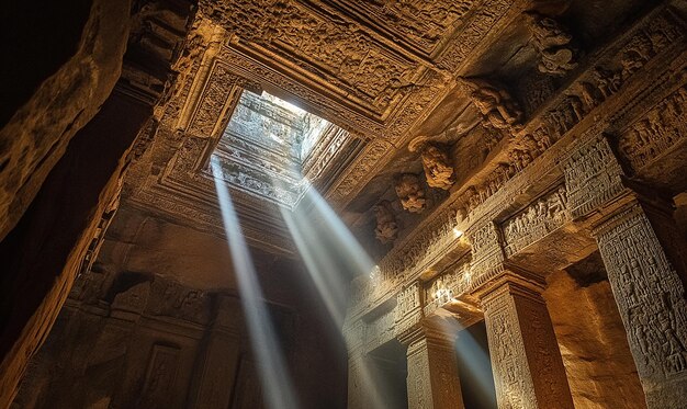 a ceiling with the sun shining through the columns